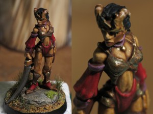 Modified female warrior (tiefling), 28mm. Shot taken with a SX-50 HS camera equipped with a Raynox DCR-250 macro lens.